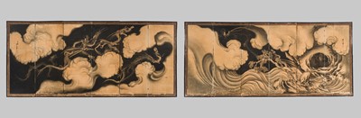 LIN TAIXI: A SUPERB PAIR OF SIX-PANEL BYOBU (FOLDING SCREENS) DEPICTING DRAGONS IN A THUNDERSTORM