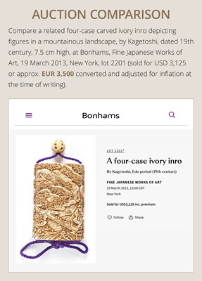 Lot 3 - KAGETOSHI: A RARE FOUR-CASE MALACHITE-INLAID CARVED DARK WOOD INRO