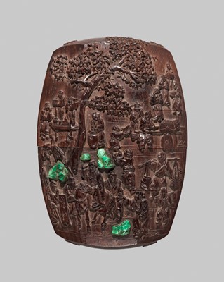 Lot 3 - KAGETOSHI: A RARE FOUR-CASE MALACHITE-INLAID CARVED DARK WOOD INRO