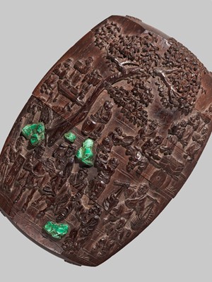 Lot 3 - KAGETOSHI: A RARE FOUR-CASE MALACHITE-INLAID CARVED DARK WOOD INRO