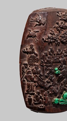 Lot 3 - KAGETOSHI: A RARE FOUR-CASE MALACHITE-INLAID CARVED DARK WOOD INRO