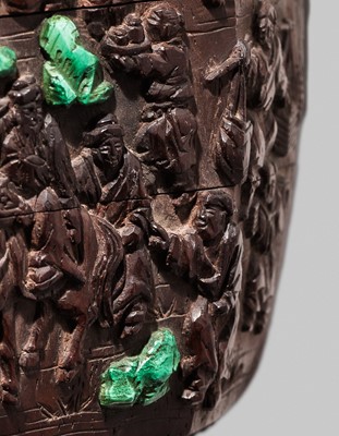 Lot 3 - KAGETOSHI: A RARE FOUR-CASE MALACHITE-INLAID CARVED DARK WOOD INRO