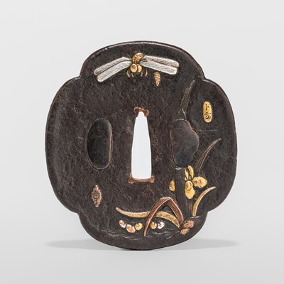 Lot 1831 - A SIGNED FINE IRON TSUBA WITH DRAGONFLY AND SHOBU