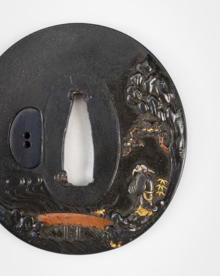 Lot 567 - TADAYASU: A FINE SHAKUDO KINKO TSUBA WITH KIRI AND KARAKUSA
