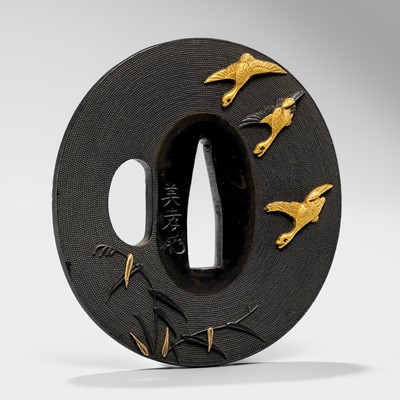Lot 561 - ISHIGURO YOSHITAKA: A FINE SHAKUDO NANAKO TSUBA WITH GEESE DESCENDING AGAINST THE FULL MOON