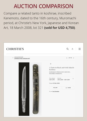 Lot 522 - KANEMOTO: A TANTO IN KOSHIRAE WITH FUJI AND MITSUTOMOE MON (CRESTS)