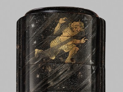 A RARE FOUR-CASE YAMIMAKI-E LACQUER INRO WITH SHOKI AND ONI IN THE RAIN