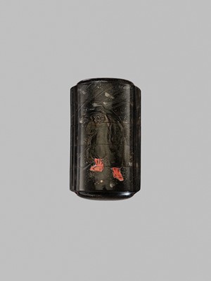A RARE FOUR-CASE YAMIMAKI-E LACQUER INRO WITH SHOKI AND ONI IN THE RAIN