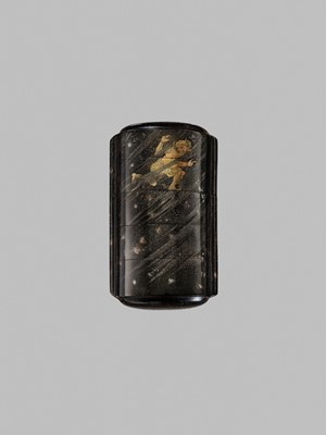 A RARE FOUR-CASE YAMIMAKI-E LACQUER INRO WITH SHOKI AND ONI IN THE RAIN