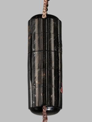 A RARE FOUR-CASE YAMIMAKI-E LACQUER INRO WITH SHOKI AND ONI IN THE RAIN