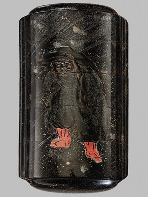 A RARE FOUR-CASE YAMIMAKI-E LACQUER INRO WITH SHOKI AND ONI IN THE RAIN