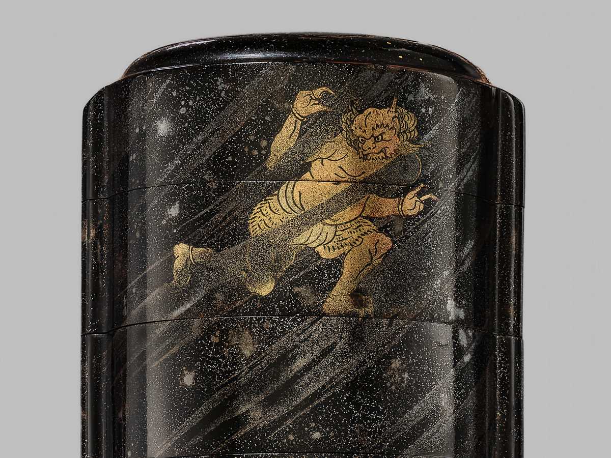 A RARE FOUR-CASE YAMIMAKI-E LACQUER INRO WITH SHOKI AND ONI IN THE RAIN