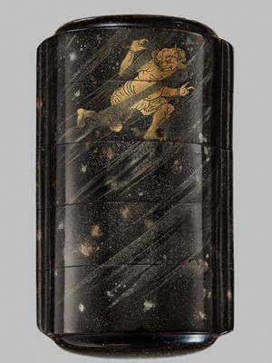 A RARE FOUR-CASE YAMIMAKI-E LACQUER INRO WITH SHOKI AND ONI IN THE RAIN