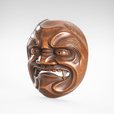 Lot 1804 - SHUGETSU: A FINE WOOD MASK NETSUKE OF SHIKAMI