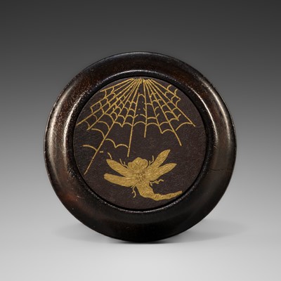 A FINE IRON AND WOOD KAGAMIBUTA WITH A DRAGONFLY AND SPIDER WEB