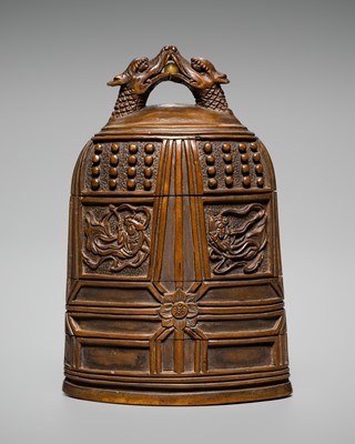 Lot 47 - REIKAKU: A THREE-CASE WOOD INRO IN THE FORM OF THE DOJOJI TEMPLE BELL
