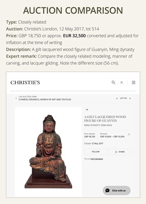 Lot 63 - A GILT-LACQUERED WOOD FIGURE OF GUANYIN, MING DYNASTY