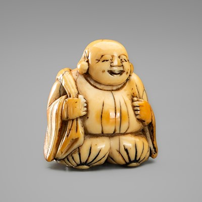 Lot 263 - AN EARLY IVORY INGYO (SEAL) NETSUKE OF HOTEI