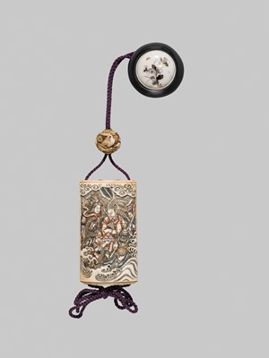 Lot 53 - IKKOSAI: A FINE FOUR-CASE POLYCHROME IVORY INRO DEPICTING TAWARA TODA AT THE DRAGON KING’S PALACE