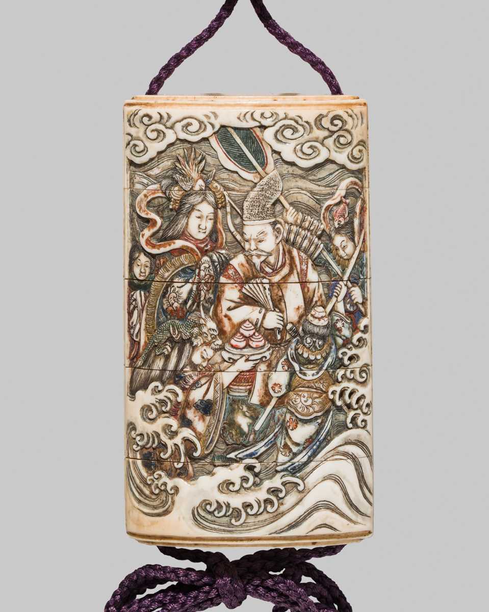 Lot 53 - IKKOSAI: A FINE FOUR-CASE POLYCHROME IVORY INRO DEPICTING TAWARA TODA AT THE DRAGON KING’S PALACE