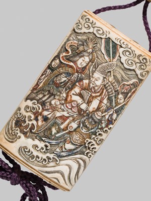 Lot 53 - IKKOSAI: A FINE FOUR-CASE POLYCHROME IVORY INRO DEPICTING TAWARA TODA AT THE DRAGON KING’S PALACE