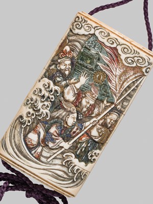 Lot 53 - IKKOSAI: A FINE FOUR-CASE POLYCHROME IVORY INRO DEPICTING TAWARA TODA AT THE DRAGON KING’S PALACE