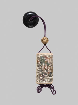 Lot 53 - IKKOSAI: A FINE FOUR-CASE POLYCHROME IVORY INRO DEPICTING TAWARA TODA AT THE DRAGON KING’S PALACE