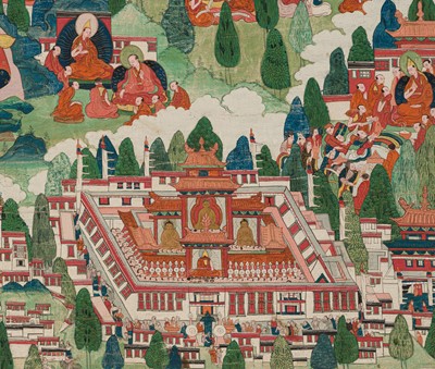 Lot 43 - AN IMPORTANT AND WELL-PRESERVED THANGKA OF TSONGKHAPA AND HIS LIFE STORY, TIBET, 18TH CENTURY
