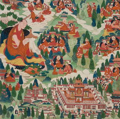 Lot 43 - AN IMPORTANT AND WELL-PRESERVED THANGKA OF TSONGKHAPA AND HIS LIFE STORY, TIBET, 18TH CENTURY