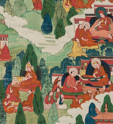 Lot 43 - AN IMPORTANT AND WELL-PRESERVED THANGKA OF TSONGKHAPA AND HIS LIFE STORY, TIBET, 18TH CENTURY