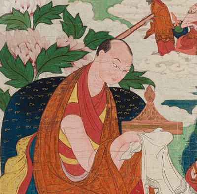 Lot 43 - AN IMPORTANT AND WELL-PRESERVED THANGKA OF TSONGKHAPA AND HIS LIFE STORY, TIBET, 18TH CENTURY