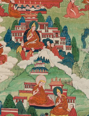 Lot 43 - AN IMPORTANT AND WELL-PRESERVED THANGKA OF TSONGKHAPA AND HIS LIFE STORY, TIBET, 18TH CENTURY