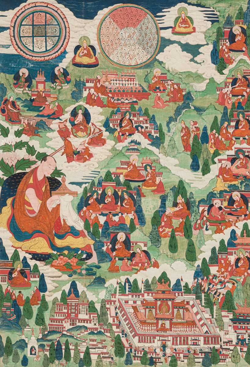 Lot 43 - AN IMPORTANT AND WELL-PRESERVED THANGKA OF TSONGKHAPA AND HIS LIFE STORY, TIBET, 18TH CENTURY