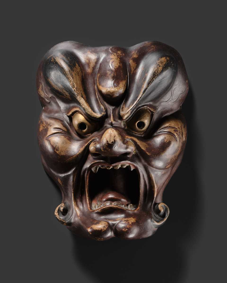 Lot 93 - A LACQUERED WOOD BUGAKU MASK OF A DEMON