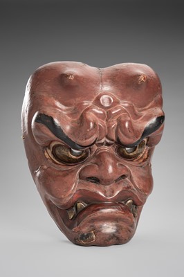 Lot 95 - A LACQUERED WOOD MASK OF AN ONI (DEMON)