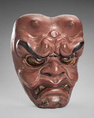 Lot 95 - A LACQUERED WOOD MASK OF AN ONI (DEMON)