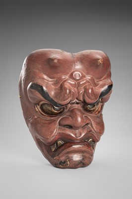 Lot 95 - A LACQUERED WOOD MASK OF AN ONI (DEMON)