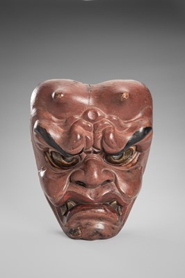Lot 95 - A LACQUERED WOOD MASK OF AN ONI (DEMON)