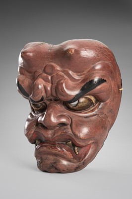 Lot 95 - A LACQUERED WOOD MASK OF AN ONI (DEMON)