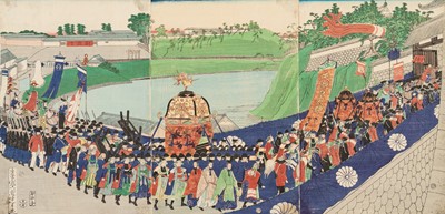 Lot 671 - TSUKIOKA YOSHITOSHI: TRIPTYCH OF THE MEIJI EMPEROR ENTERING THE EDO CASTLE