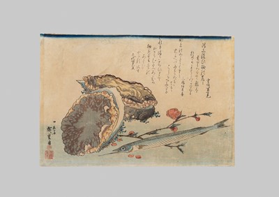 Lot 347 - UTAGAWA HIROSHIGE: ABALONE, NEEDLEFISH, AND PEACH BLOSSOMS
