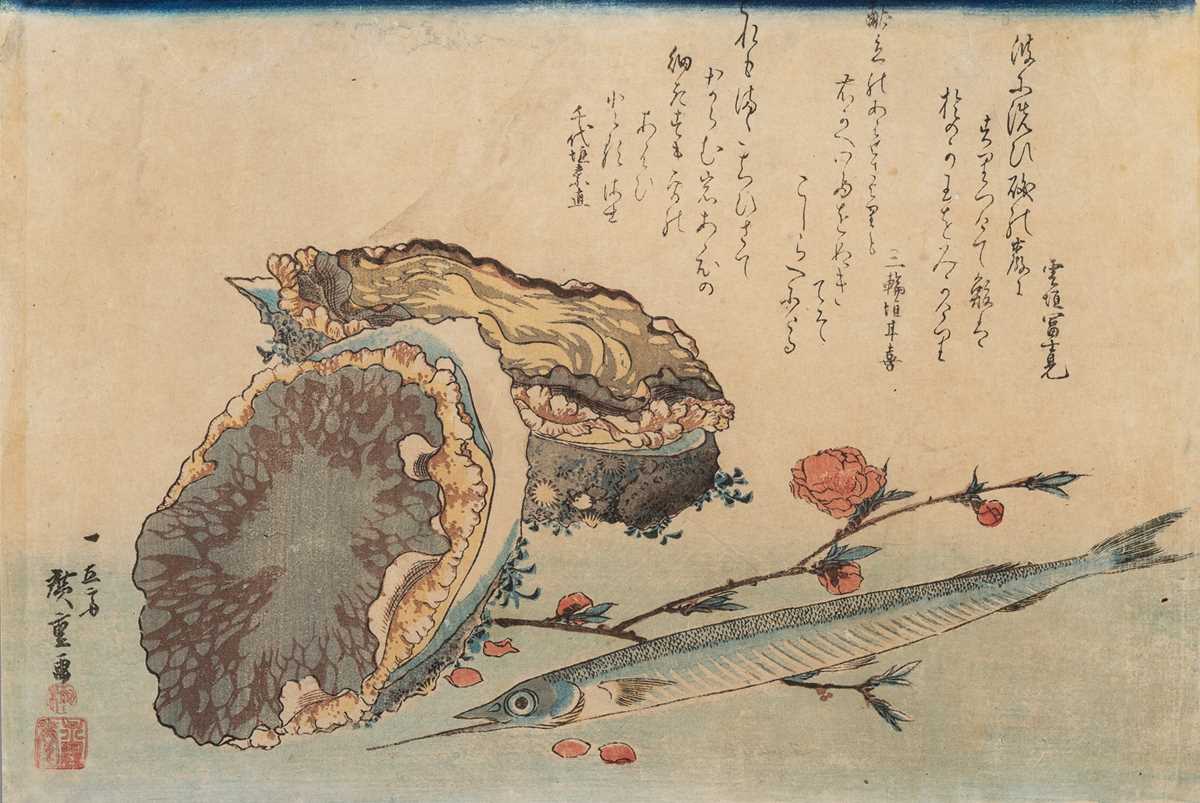 Lot 347 - UTAGAWA HIROSHIGE: ABALONE, NEEDLEFISH, AND PEACH BLOSSOMS