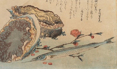 Lot 347 - UTAGAWA HIROSHIGE: ABALONE, NEEDLEFISH, AND PEACH BLOSSOMS