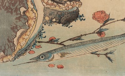 Lot 347 - UTAGAWA HIROSHIGE: ABALONE, NEEDLEFISH, AND PEACH BLOSSOMS
