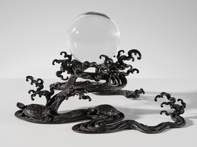 Lot 14 - YOSHIAKA: A BRONZE WAVE-FORM 'CRYSTAL SPHERE' STAND WITH TURTLES