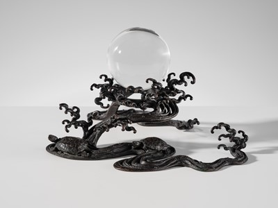 Lot 14 - YOSHIAKA: A BRONZE WAVE-FORM 'CRYSTAL SPHERE' STAND WITH TURTLES