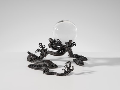 Lot 14 - YOSHIAKA: A BRONZE WAVE-FORM 'CRYSTAL SPHERE' STAND WITH TURTLES