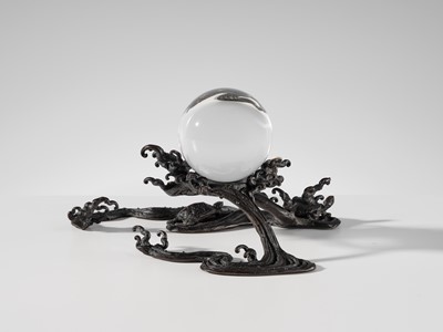 Lot 14 - YOSHIAKA: A BRONZE WAVE-FORM 'CRYSTAL SPHERE' STAND WITH TURTLES