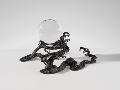 Lot 14 - YOSHIAKA: A BRONZE WAVE-FORM 'CRYSTAL SPHERE' STAND WITH TURTLES
