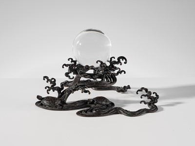 Lot 14 - YOSHIAKA: A BRONZE WAVE-FORM 'CRYSTAL SPHERE' STAND WITH TURTLES